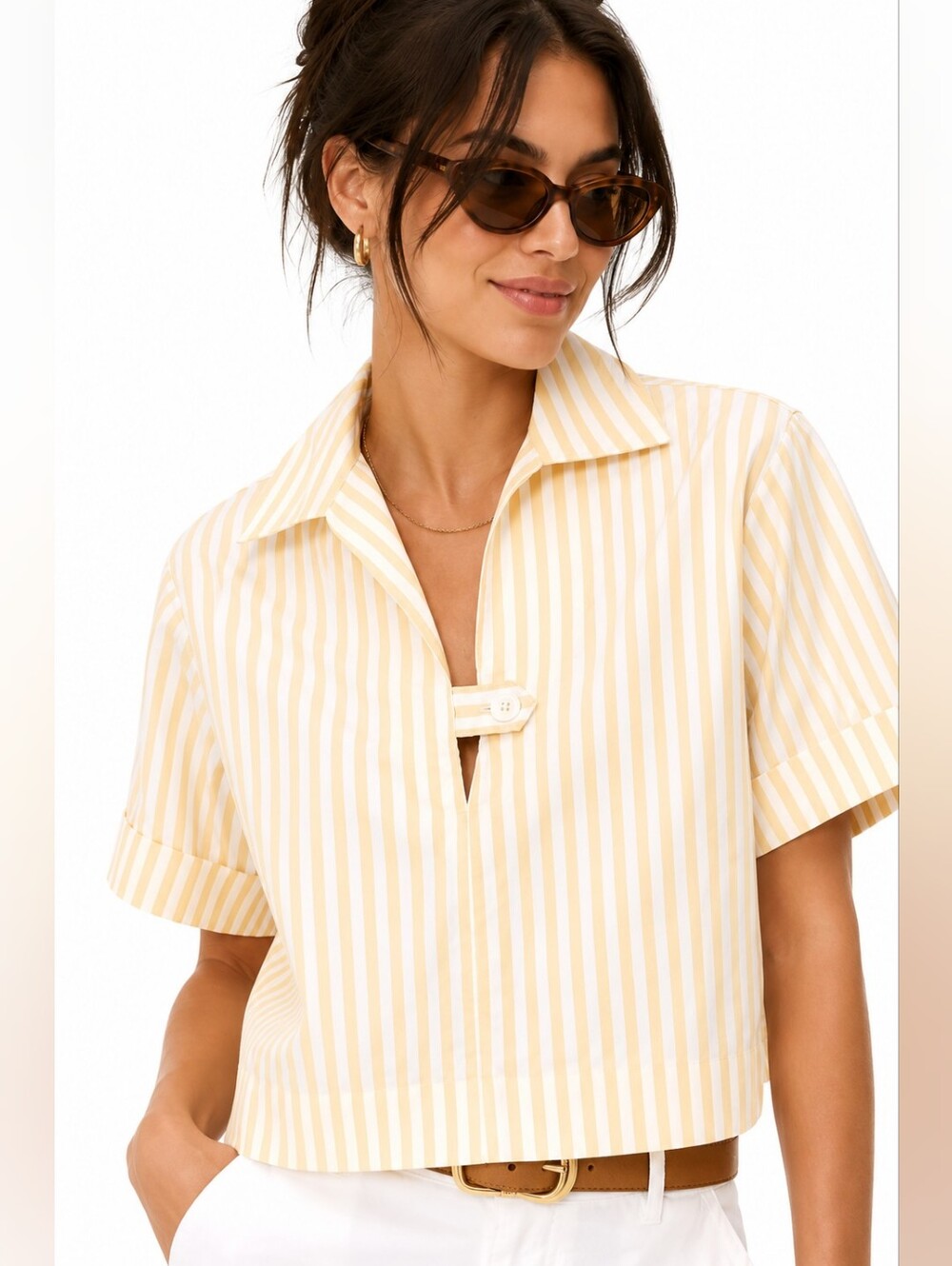 Banana Republic XS Yellow White Stripe Cotton Poplin boxy Cropped Shirt Coastal
